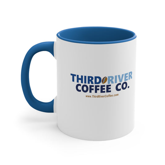 third river coffee white and blue coffee mug