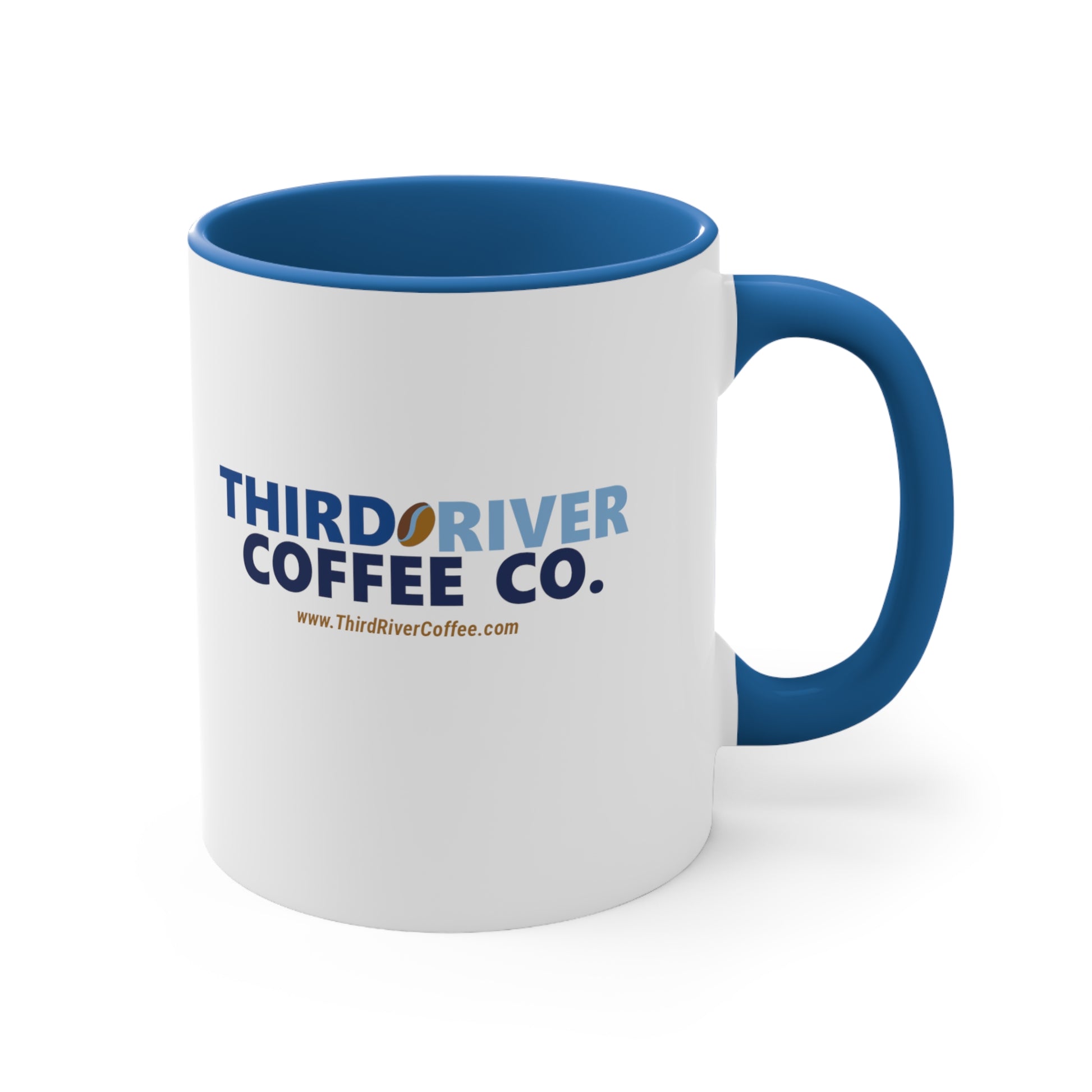 third river coffee white and blue coffee mug